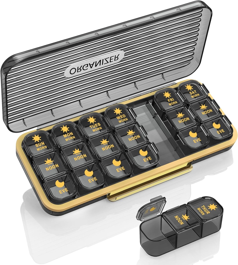 ピルオルガナイザー3回1日 - アケダ週刊ピルオルガナイザー3回1日、大型ピルボックス7日薬オーガナイザーピルケース、ピルコンテナホルダー、毎日のピルボックス3回ビタミン、ブラックG用