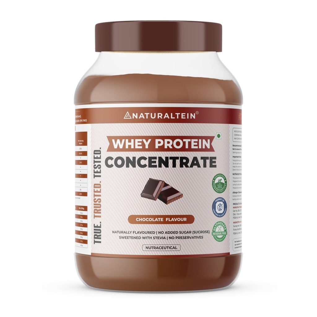 NATURALTEIN Natural Whey Protein Concentrate Chocolate – 1 kg | 21.8 g Protein per 30 g Serving | Naturally Flavoured | Non-GMO | No Artificial Sweeteners | Smooth Taste & Easy Mixability