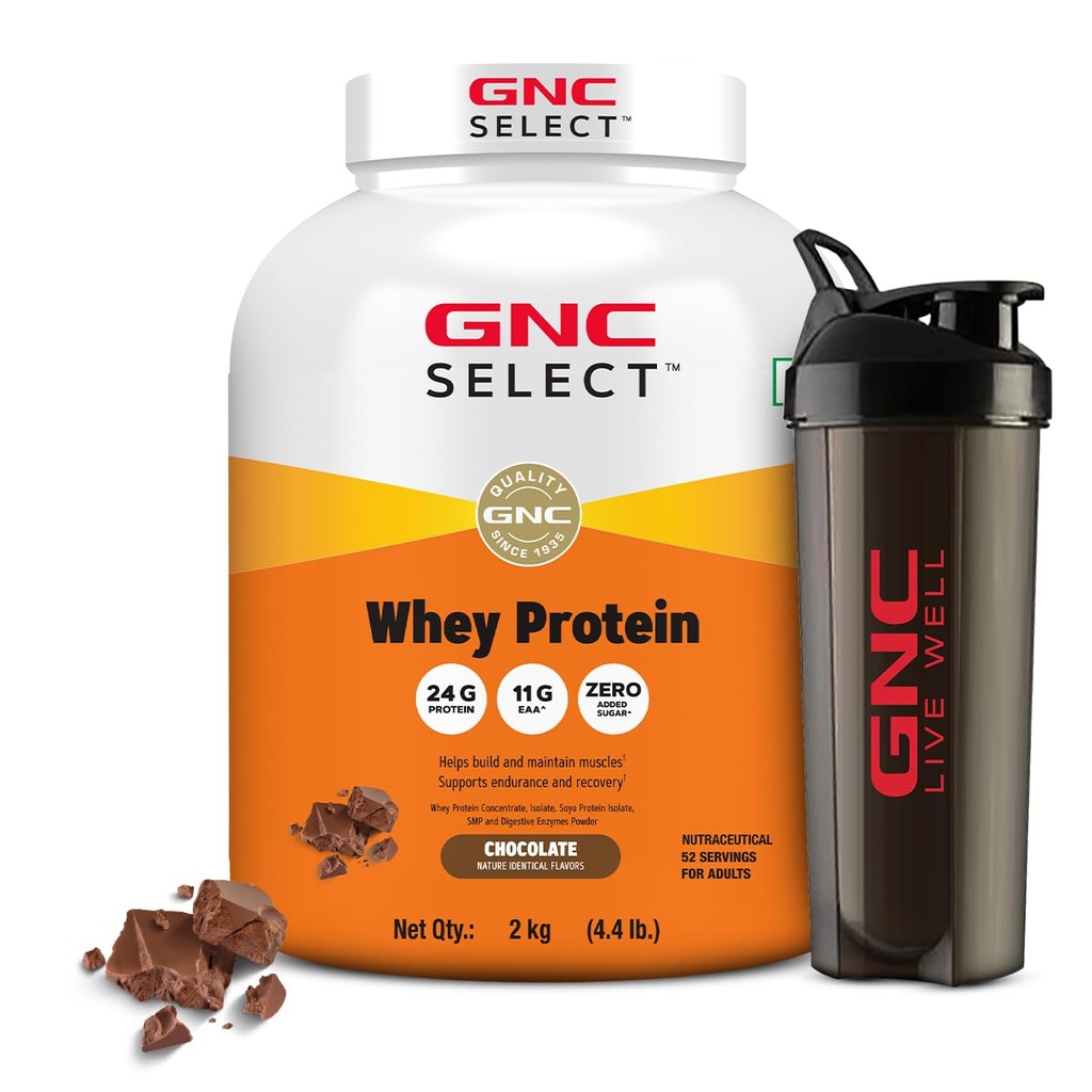 GNC Whey Protein Blend With Free Shaker | 4.4 LBS (2KG) | Chocolate |24 Gm Protein| Digestive Enzyme For Better Digestion | Faster Muscle Recovery | Boosts Strength & Endurance | Zero Added Sugar | Builds Lean Muscles | Formulated In USA | Imported