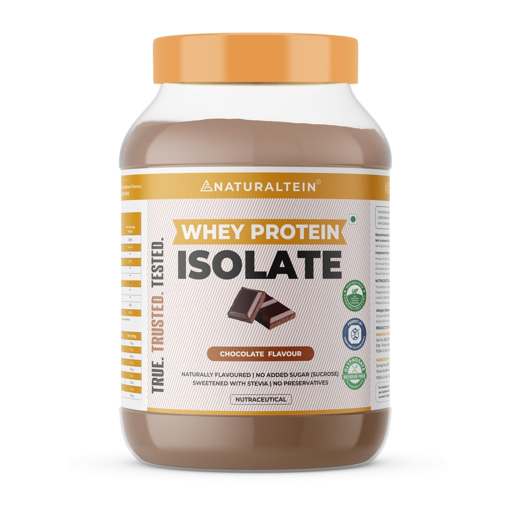 NATURALTEIN Natural Whey Protein Isolate Chocolate – 1 kg | 30 g Serving – 24 g Protein | Naturally Flavoured, Non-GMO | No Artificial Sweeteners | Smooth, Light & Easy to Digest