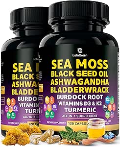 Sea Moss Capsules – 17-in-1 Blend with Black Seed Oil Ashwagandha Bladderwrack Burdock Root Turmeric Vitamin D3 K2 C for Daily Wellness – Multimineral Supplement for Men & Women – 240 Count
