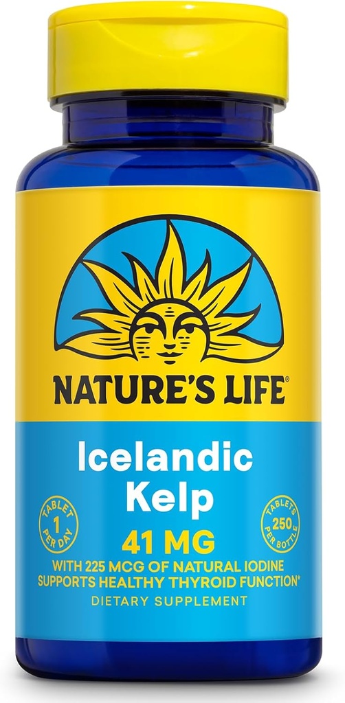 Nature's Life Icelandic Kelp 41 mg - Sea Kelp Iodine Supplement from Icelandic Seawater - Thyroid Support for Women and Men with 225mcg Natural Iodine - 60-Day Guarantee, 250 Servings, 250 Tablets