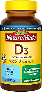 Nature Made Vitamin D3 5000 IU (125 mcg) Softgels, Extra Strength Vitamin D Supplement for Bone and Immune Health Support, 90 Softgels, 90 Day Supply