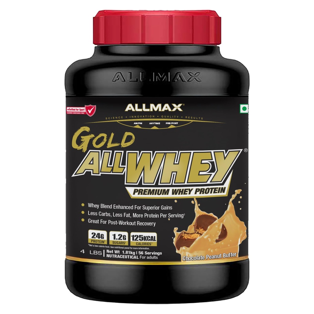 ALLMAX™ Gold All Whey Premium Whey Protein – Chocolate Peanut Butter | 24g Protein | >2 g Sugar | 125 Kcal | 1.81 kg | 56 Servings