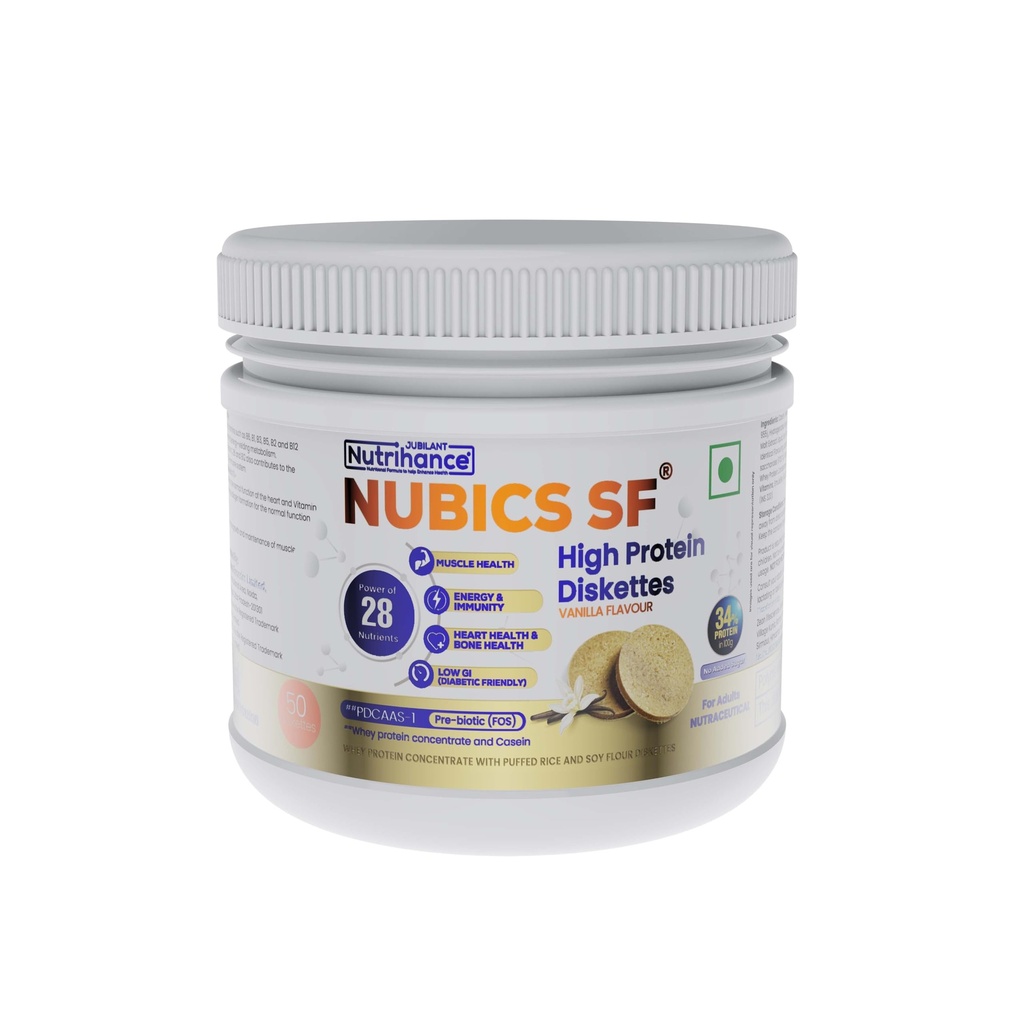 Nubics-SF High Protein Diskettes | 250g (50 Diskettes) | High Protein (34%), Whey Protein & Casein | PDCAAS-1 | No Added Sugar | With Prebiotic, Vitamins & Minerals | Vanilla Flavour | 100% Veg