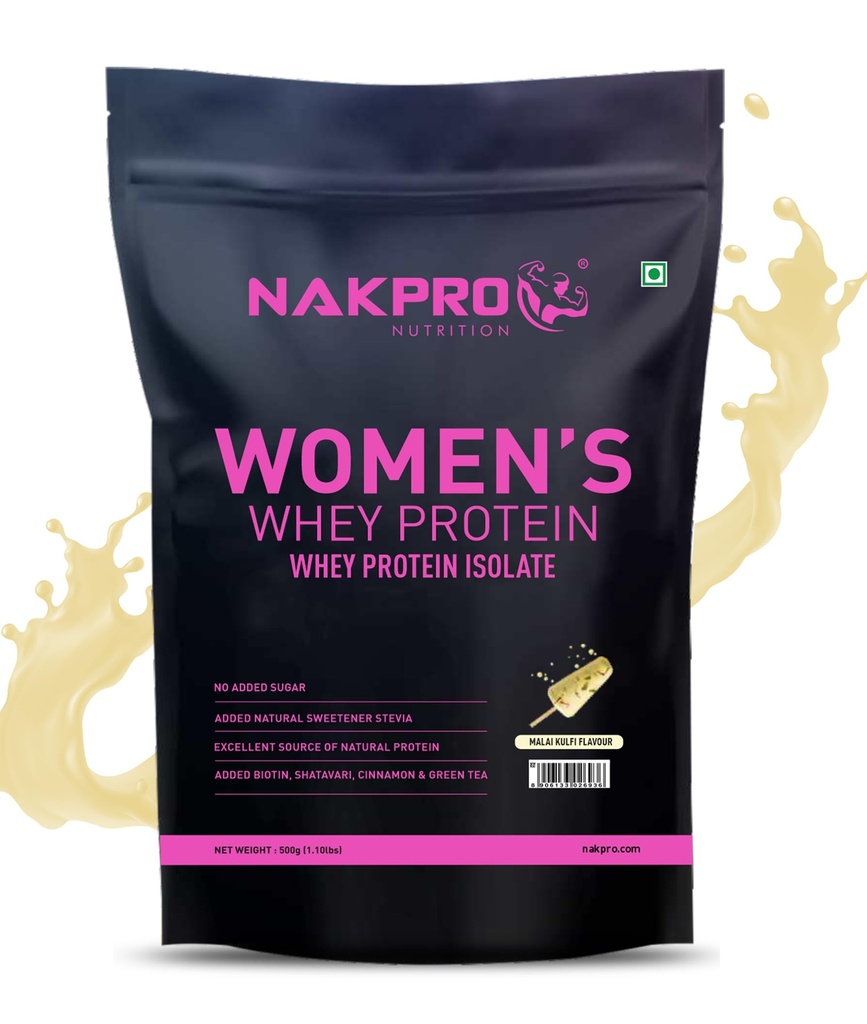NAKPRO Women Whey Protein Powder | 24.75g Protein, 5.51g BCAA | Muscle Recovery, Lean Muscle, Whey Isolate Protein for Women (500g, Malai Kulfi)