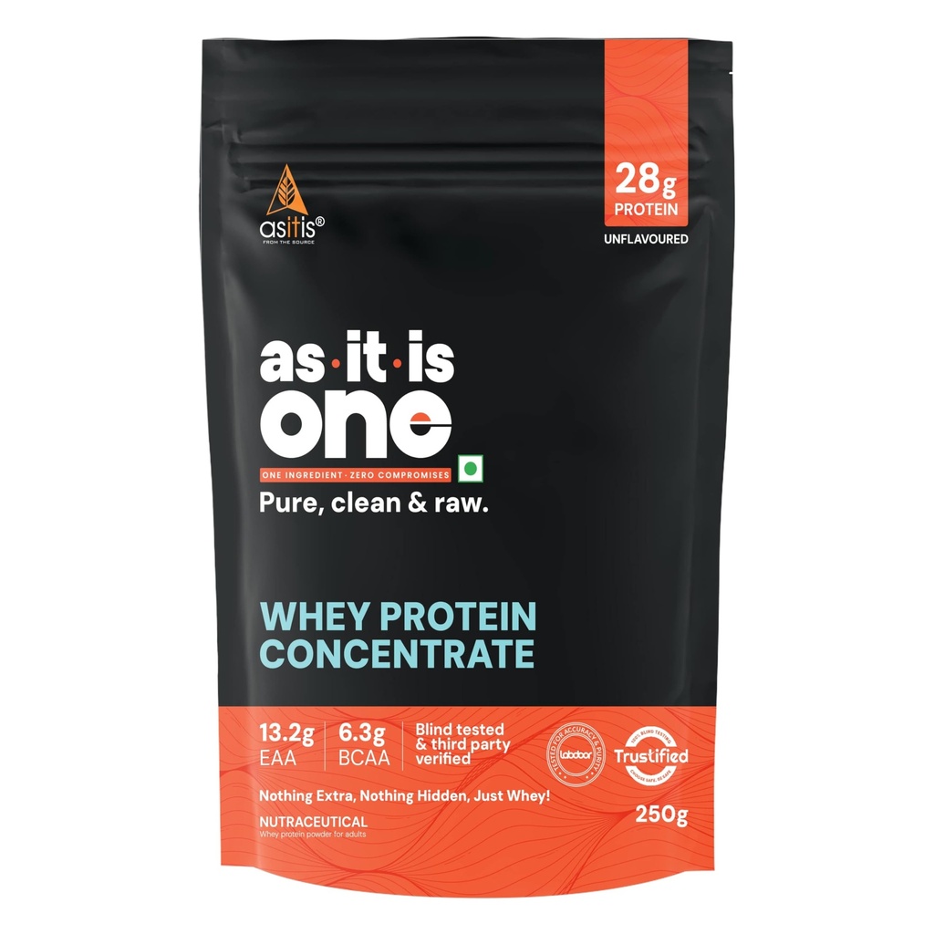 AS-IT-IS ONE Whey Protein Concentrate I 28g Protein per Serve, Unflavoured I No Amino Spike I Labdoor & Trustified Certified -250g