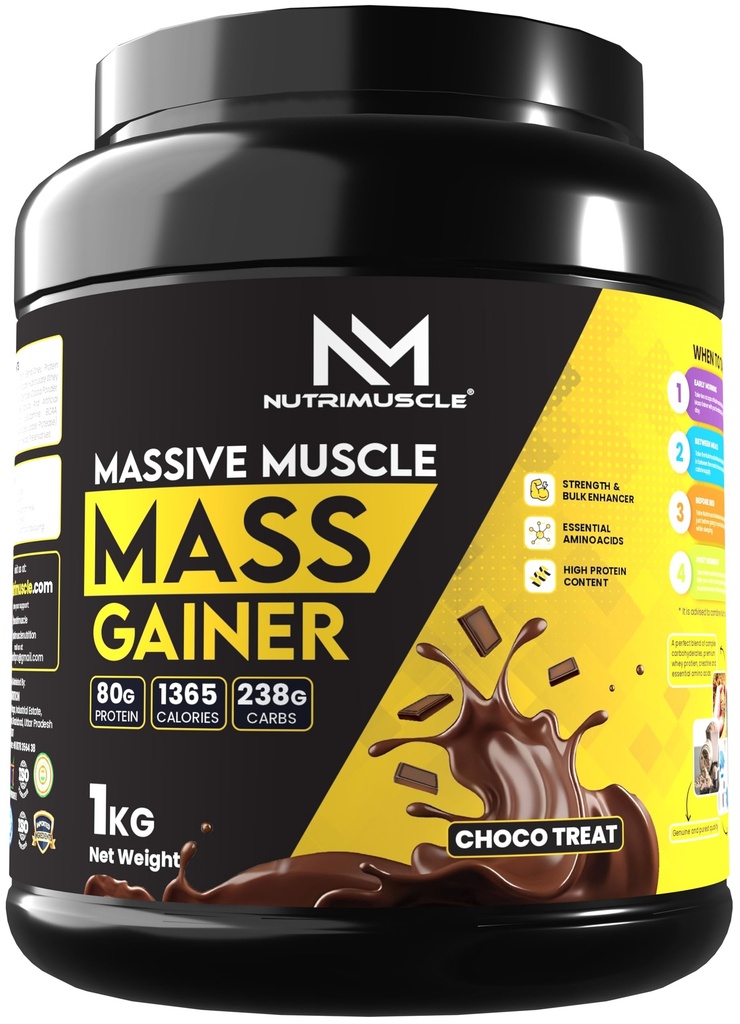 Nutrimuscle Massive Muscle Mass Gainer – 1 Kg | Chocolate Flavour | High Protein Gainer with Creatine Monohydrate for Mass, Muscle, Power & Strength | For Men & Women