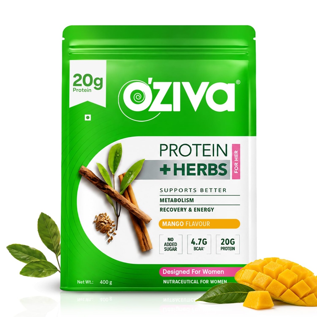 OZiva Protein & Herbs for Women, No Added Sugar, Green Tea, Mango, 453g