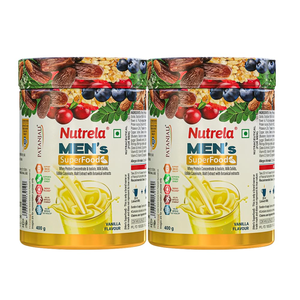 NUTRELA Men Superfoods With Whey Protein Powder - 400g, Vanilla Flavor | Everyday Fitness with Biofermented Multivitamins & Whey Protein to support in Bone & Joints Health, Muscle | Pack of 2