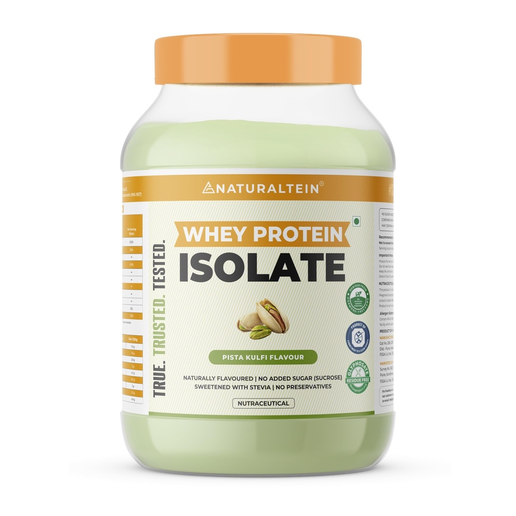 NATURALTEIN Whey Protein Isolate – 30g Fast-Absorbing Protein per Serving | Pista Kulfi Flavour | Stevia Sweetened | No Added Sugar | Ultra Low Fat | Lab-Tested | Gluten-Free | No Preservatives | 1 kg