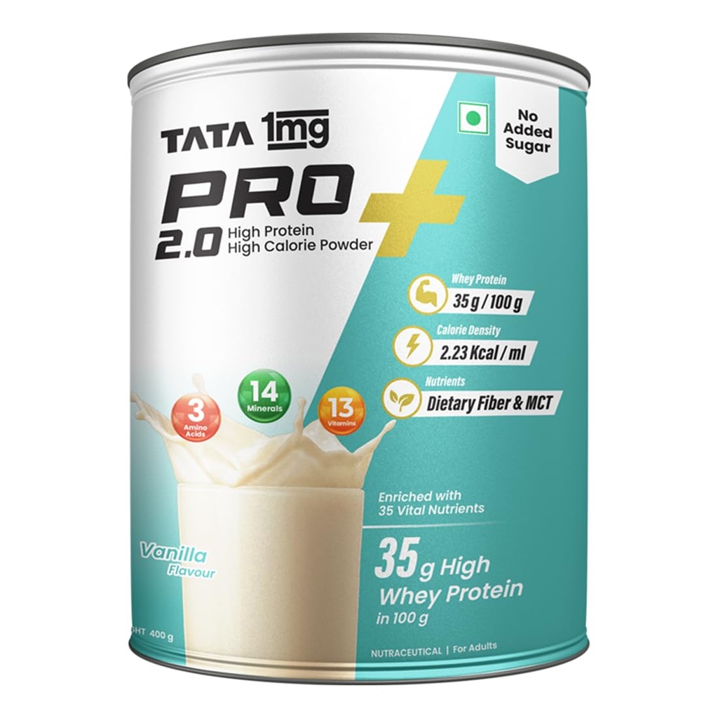 Tata 1mg Pro+ 2.0 High Protein,High Calorie Whey Powder with MCT & Amino Acids for Energy, Muscle & Bone Strength,No Added Sugar,Vanilla Flavour,400gm