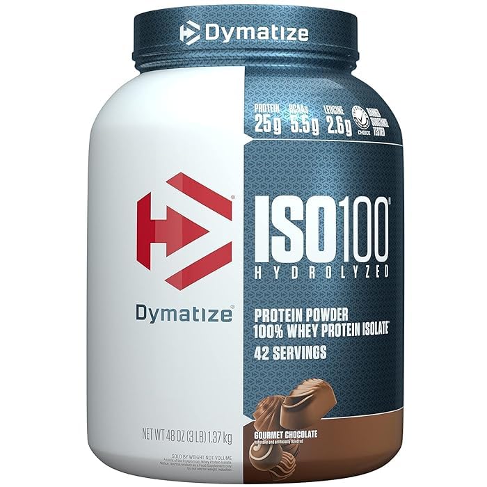 Dymatize ISO100 Hydrolyzed Protein Powder, 100% Whey Isolate Protein, 25g of Protein, 5.5g BCAAs, Gluten Free, Fast Absorbing, Easy Digesting, Gourmet Chocolate, 3 Pound (42 Servings)