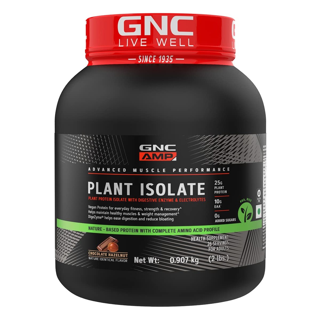 GNC AMP Plant Isolate Protein | 2 lbs | 26 Servings| Vegan Protein | Lactose Free & Soy Free |DigeZyme For Easy Digestion | Active Lifestyle | Healthy Muscles| Chocolate Hazelnut | 907 gm