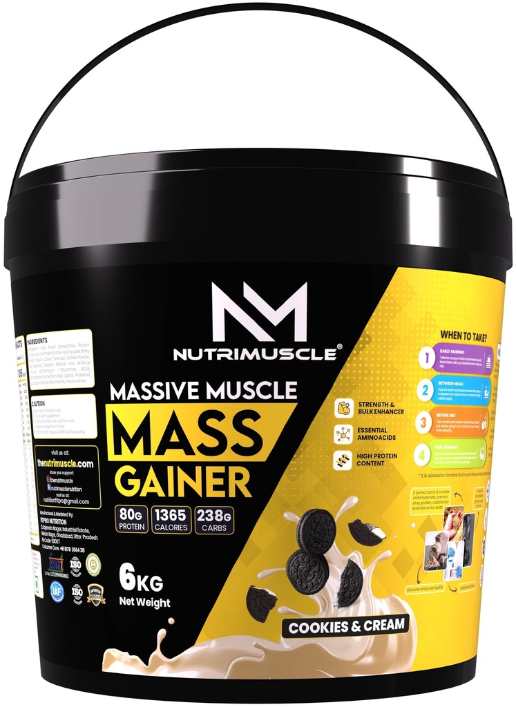 Nutrimuscle Massive Muscle Mass Gainer – 6 Kg | Cookies & Cream Flavour | High Protein Gainer with Creatine, Complex Carbohydrates & Protein Blend for Muscle, Mass & Strength Gain | For Men & Women