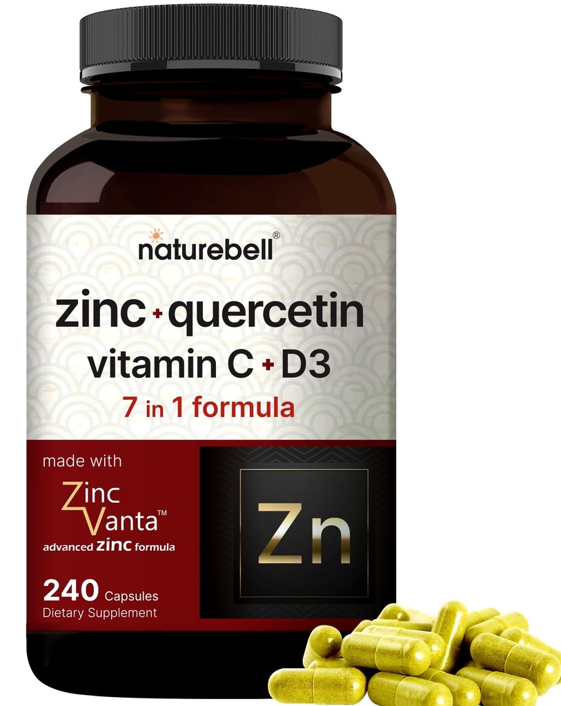 NatureBell亜鉛ケルセチンビタミンC&D3、240カプセル  Quercetin 1,000mg +亜鉛50mg +ビタミンC 250mg +ビタミンD3 5,000 IU   4-in-1アドバンストイム&ルンサポート  亜鉛ヴァンターフォーミュラ