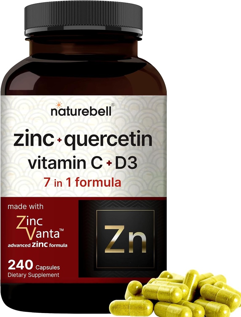 NatureBell亜鉛ケルセチンビタミンC&D3、240カプセル  Quercetin 1,000mg +亜鉛50mg +ビタミンC 250mg +ビタミンD3 5,000 IU   4-in-1アドバンスト免疫&肺サポート  亜鉛バンタ式