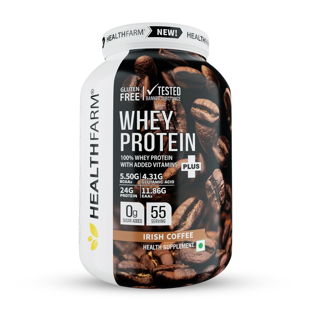 HEALTHFARM Whey Protein Plus – Gluten Free Lean Muscle Builder | 24g Protein with Added Vitamins | Irish Coffee Flavour | Post Workout Recovery | 2KG