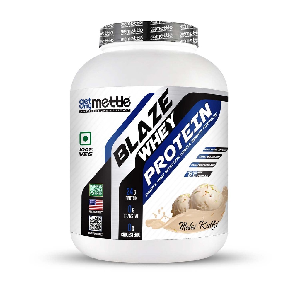 Getmymettle Blaze Whey Protein 2kg Malai Kulfi - 24g Protein, 10.66g BCAA, 8.09g Glutamine, 100% Natural Whey, Enhanced with Digestive Enzymes