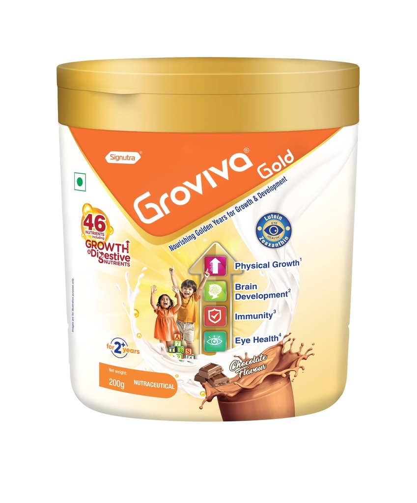 Groviva Gold Milk Protein Powder for Kids | 2-6 Years | 200g Chocolate Jar| 46 Nutrients | Growth & Digestive Nutrients | Supports Physical Growth, Brain Development, Immunity & Eye Health