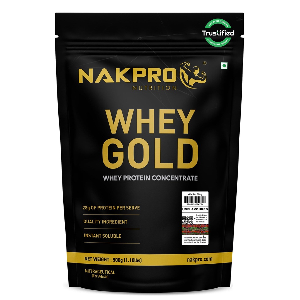 NAKPRO Gold 100% Clean Raw Whey Protein Concentrate, 500g Unflavoured | 28g Protein | Trustified Certified & No Adulteration | Fast Absorbing Whey Protein Powder