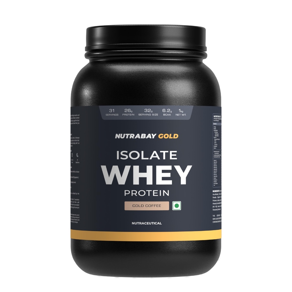 Nutrabay Gold Whey Protein Isolate Powder 26g Protein, 6.2g BCAA per Serving, Easy to Digest, NABL Lab Tested – Muscle Growth & Recovery – 1kg, Cold Coffee|100% Authentic Clean Protein