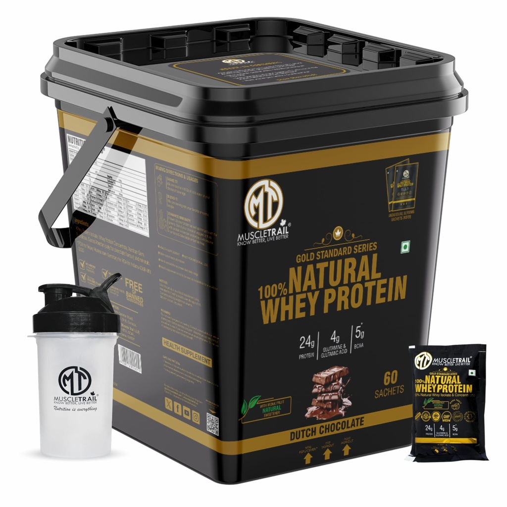 MuscleTrail Gold Standard Series, 60 Pouches, Low Carb & Fat, 24G Natural Whey Protein Powder, Shaker Inside (1.86Kg, dutch chocolate)