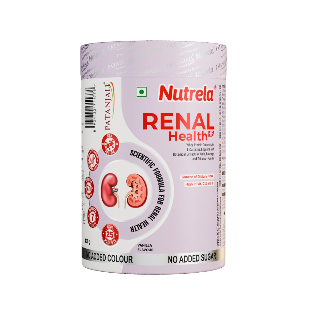 Patanjali Nutrela Renal Health Whey Protein Powder for Kidney Support – 400g, Vanilla Flavour | Dialysis Nutritional Supplement | 23.2g Protein Per 100g with L-Taurine, L-Carnitine & Essential Nutrients