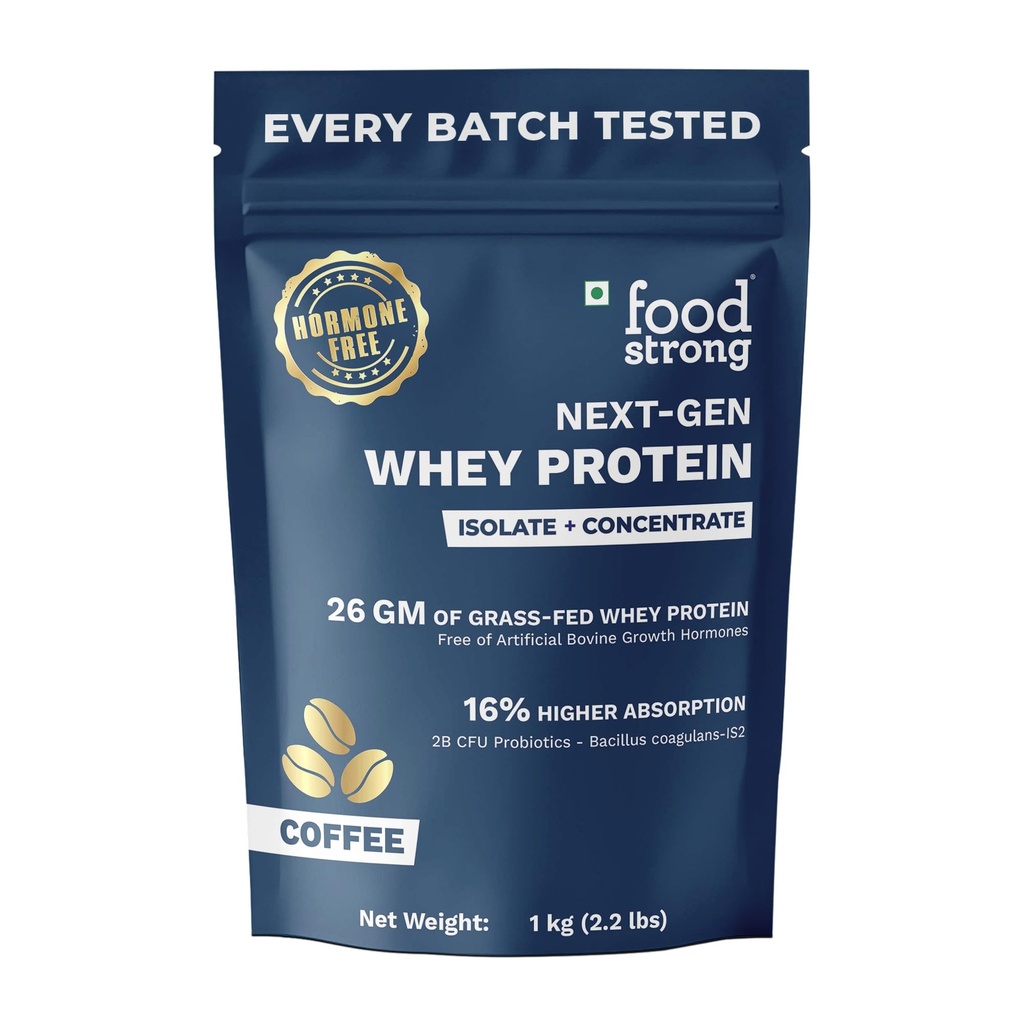 Foodstrong Next-Gen Whey Protein Isolate + Concentrate, 100% Hormone Free Grass-Fed Whey, 26G Protein, Coffee, With Turmeric, Probiotics & Natural Digestive Enzymes For Easy Digestion, 1KG