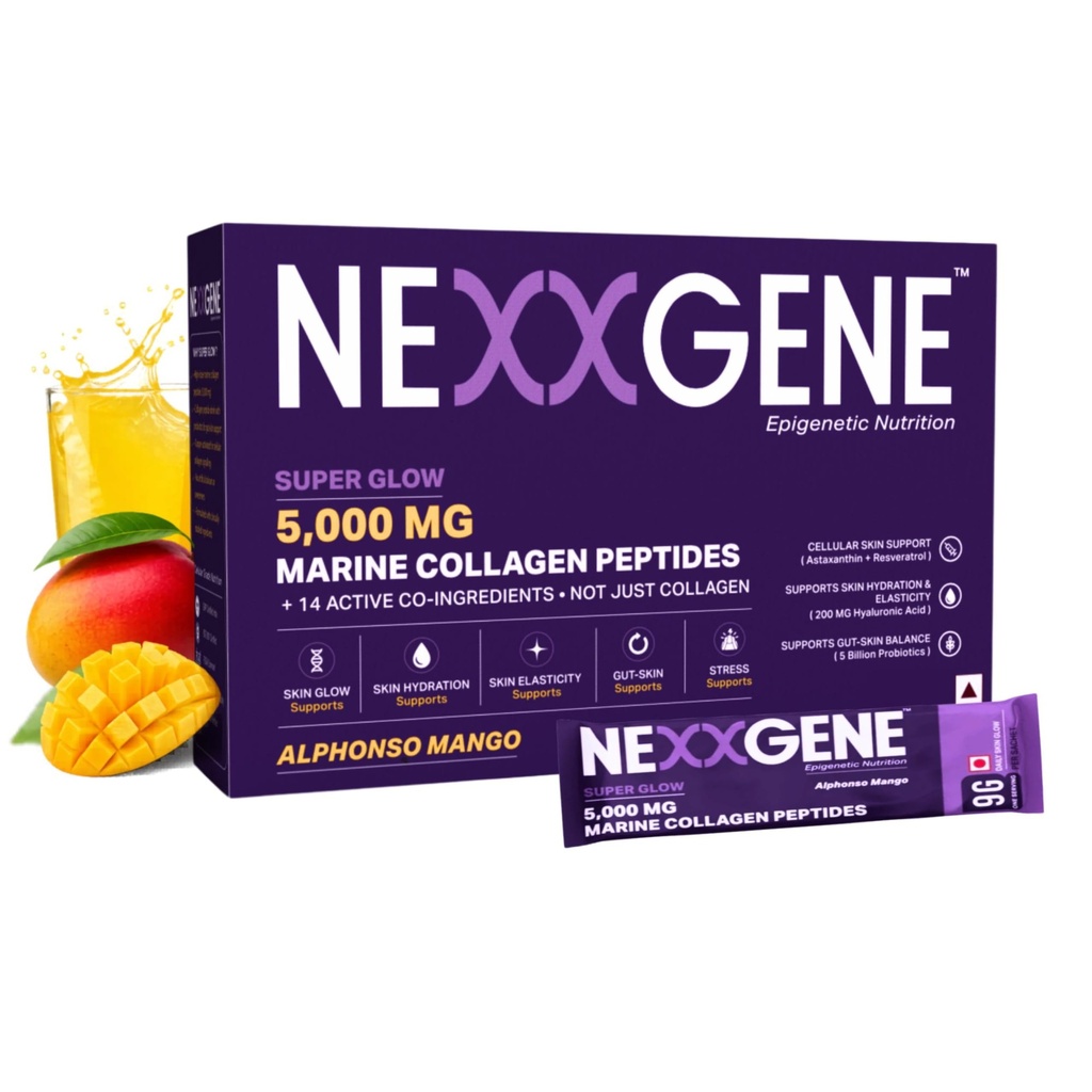 Super Glow | Skin Radiance Drink Mix | 5000mg Hydrolyzed Marine Collagen Peptides Type I & III, +14 Active Ingredients | Astaxanthin, Hyaluronic Acid, Resveratrol, 5 Billion CFUs Probiotics | Alphonso Mango Flavour | 14 Sachets | 2 Weeks Supply