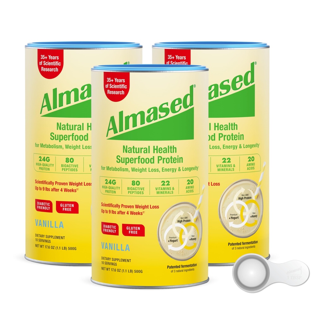 男性&女性のための減量のキットのためのAlmased蛋白質の粉、減量のための自然な食事の取り替えの揺れ、補足、サービングごとの蛋白質の24グラム(アーモンドのバニラの味、3缶@ 17.6 oz ea + Scoop)