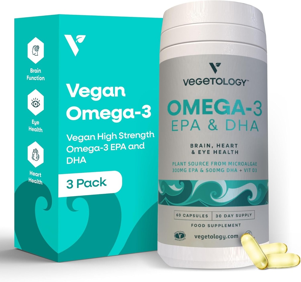 Vegan Omega 3 Supplement – EPA, DHA Supplements & Vitamin D3 – Algae Omega 3 Vegan Supplements for Brain, Eye & Heart Health – for Kids & Adults (180 Capsules)