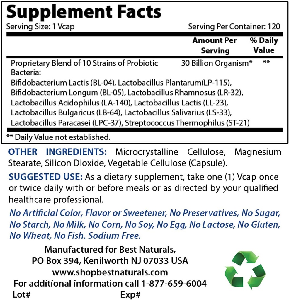 Best Naturals Probiotic 10 Strains & 30 Billion CFU & Vitamin D3 10000 IU