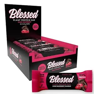 Blessed Vegan Protein Bars - Plant Based Protein Bars Low Calorie High Protein Meal Replacement Bar - Dairy Free, Nutritious Vegan Snacks - 12 Pack Chocolate Raspberry