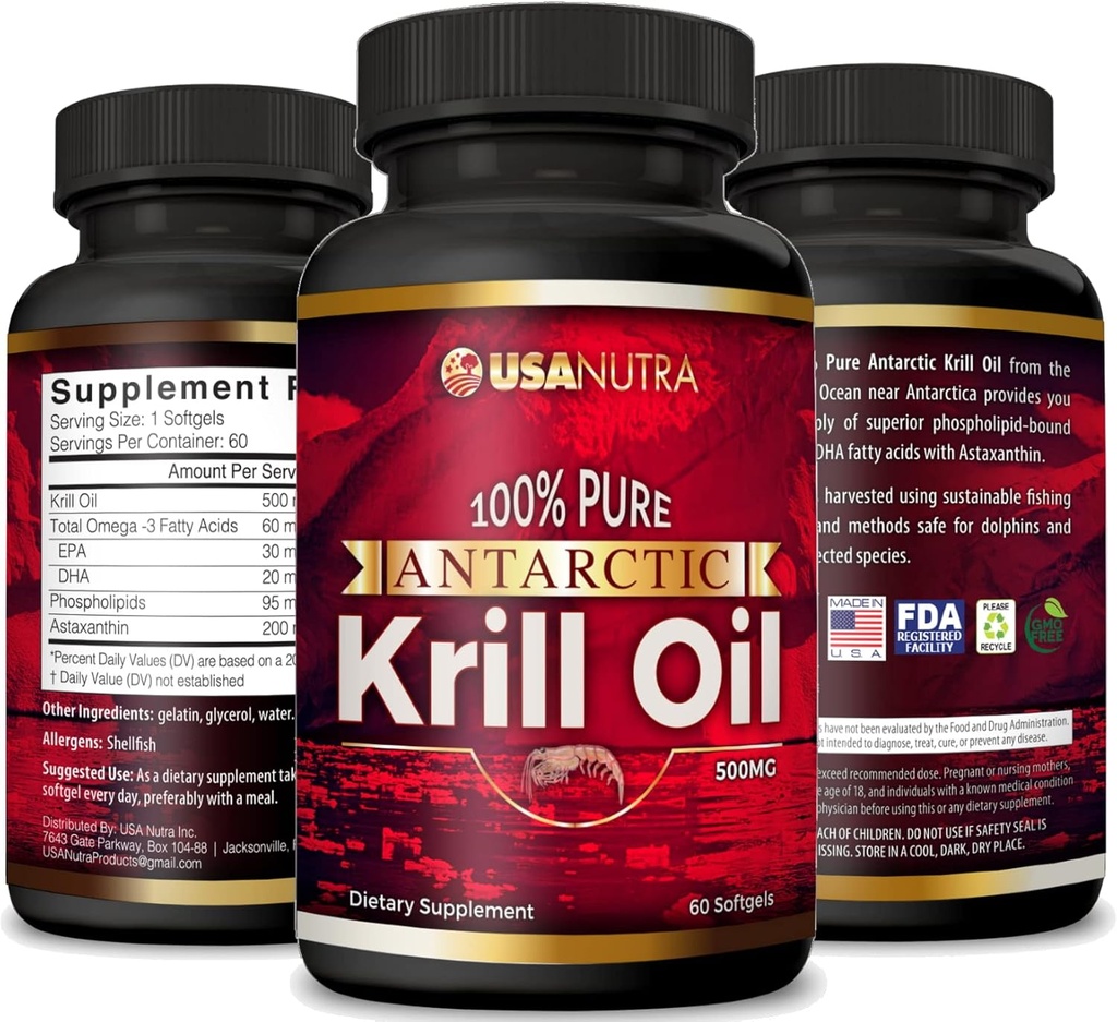 Antarctic Krill Oil Softgels 100% Pure with Omega-3 EPA DHA Astaxanthin 1000mg per Day (2 Softgels). Made in The USA