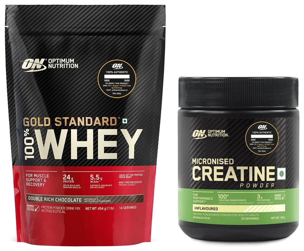 OPTIMUM NUTRITION (ON) Gold Standard 100% Whey Protein 454 G Double Rich Chocolate & Micronized Creatine Powder - 100 Gram, 33 Serves, Unflavored. COMBO,554 Gram, 1 Scoop