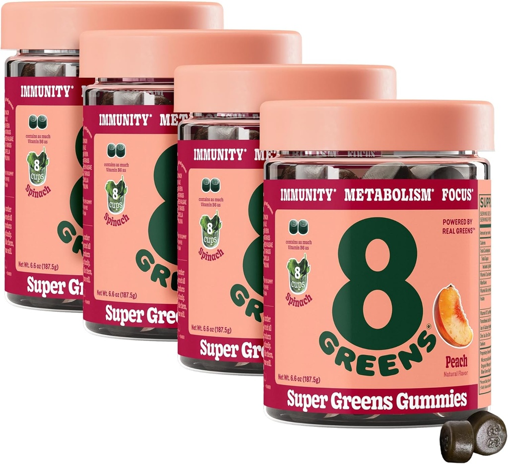 8Greens Supergreens Gummies | メタボリズム、免疫&フォーカス、消化の健康酵素、有機: クロレラ、スピルリナ、アロエベラ、ピーチ風味、200カウント