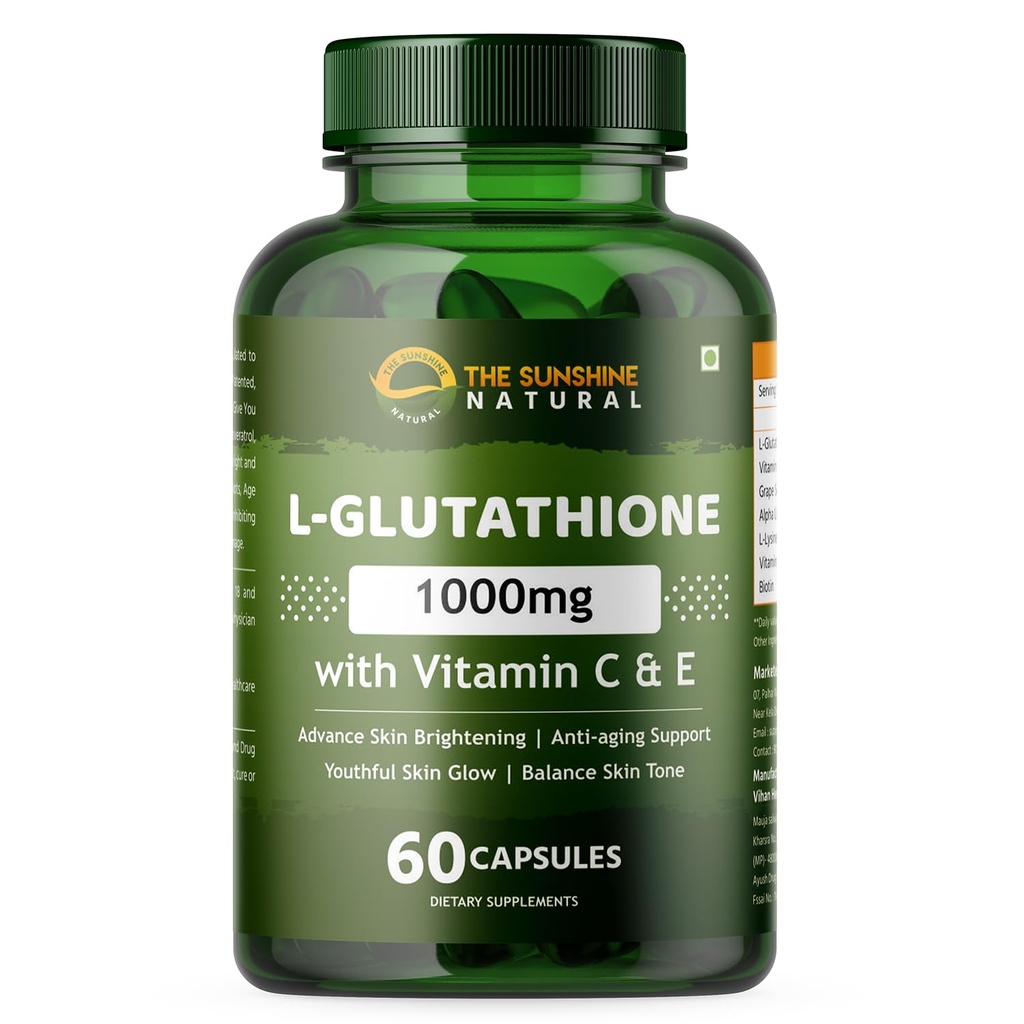 L-GLUTATHIONE WITH VITAMIN C, E, ALPHA LIPOIC ACID & ANTIOXIDANT FOR RADIANT BEAUTIFUL SKIN | ANTI-AGEING | REDUCES PIGMENTATION & DARK SPOTS 1000MG 60 CAPSULES