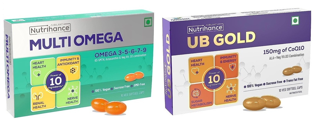 Multiomega 100% Vegan Omega Softgel | Omega 3-5-6-7-9 Vitamin D3 (10 Capsules) and UB Gold Coenzyme Q10 (CoQ10) 150mg Supplement |ALA Vit B12 D3 (10 Capsules)