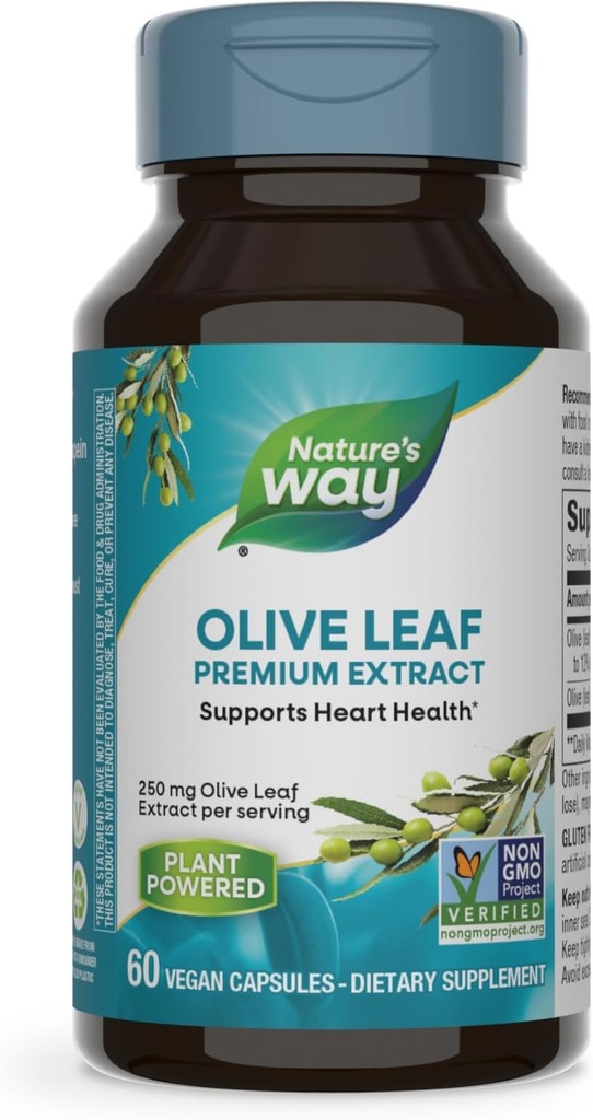Nature's Way Olive Leaf Premium Extractサプリメント, ハート健康をサポート*, サービングあたり250 mg, グルテンフリー, 完全菜食主義者の, 60カプセル (パッケージ 5 月 Vary)