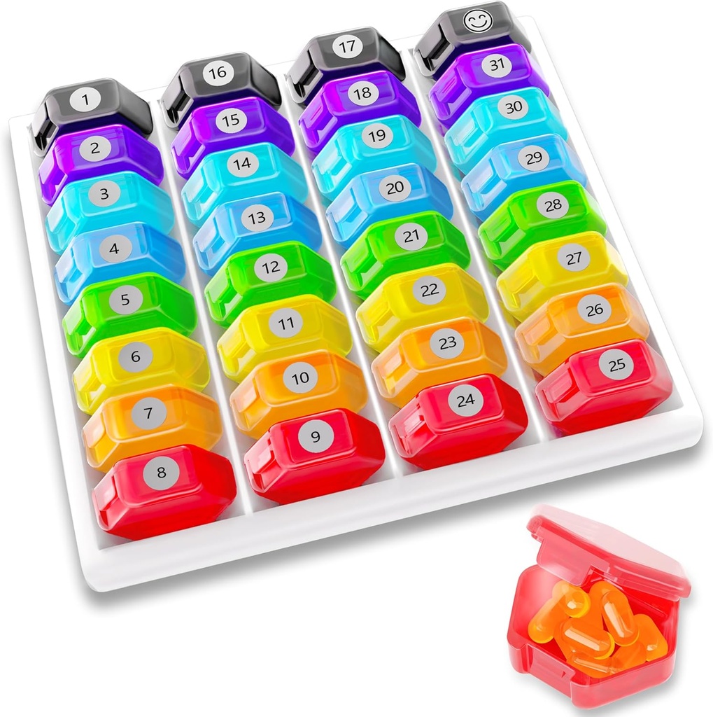 毎月の丸薬オーガナイザー1日:ラベル、ポータブル毎月の丸薬箱、ビタミン、薬、魚油、サプリメントの月ピルホルダー付き30日ピルオーガナイザー