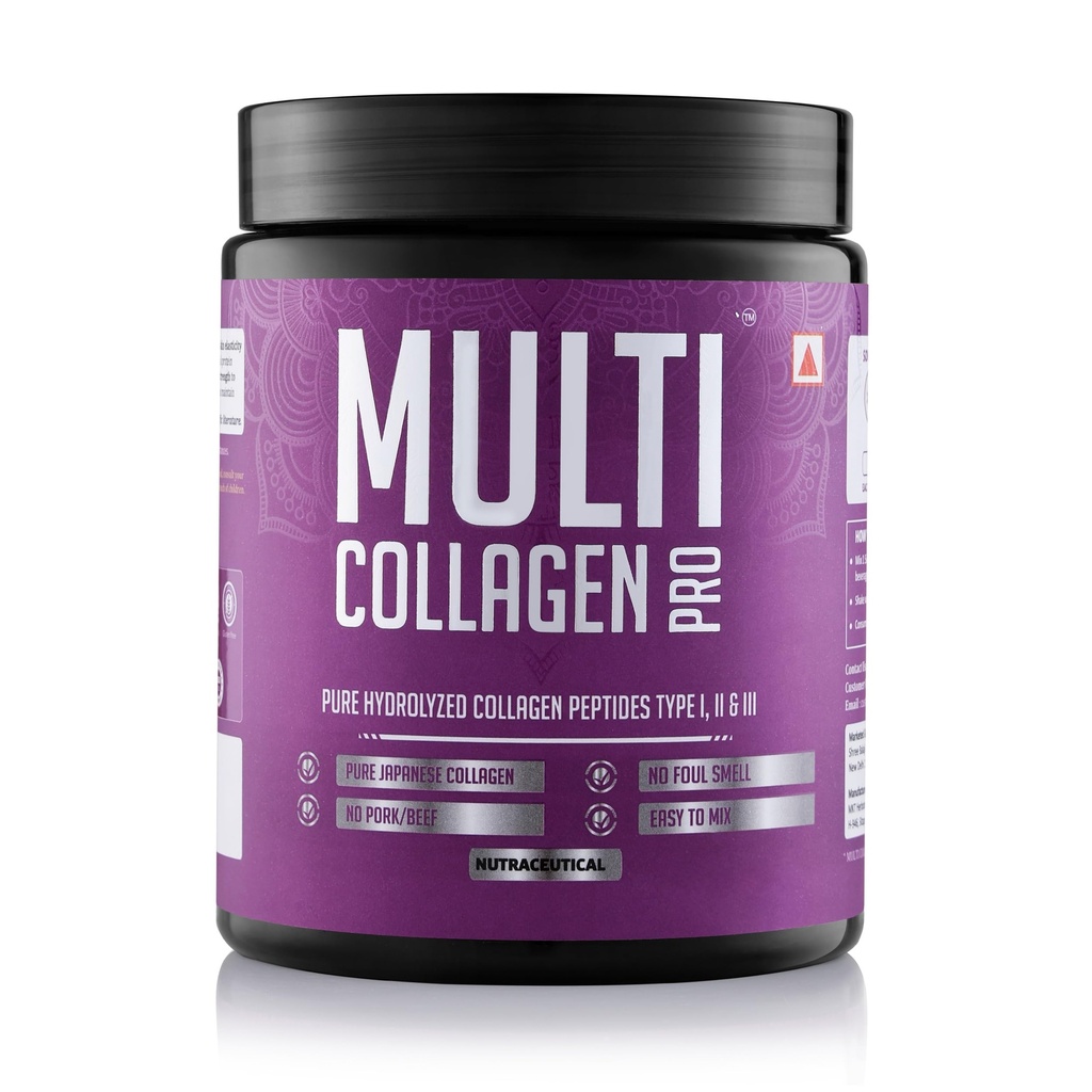 Multi Collagen Pro | 100% Hydrolyzed Japanese Marine Collagen Peptides (Type I, II & III) | No Sugar, No Foul Smell | 240g | Orange Flavour