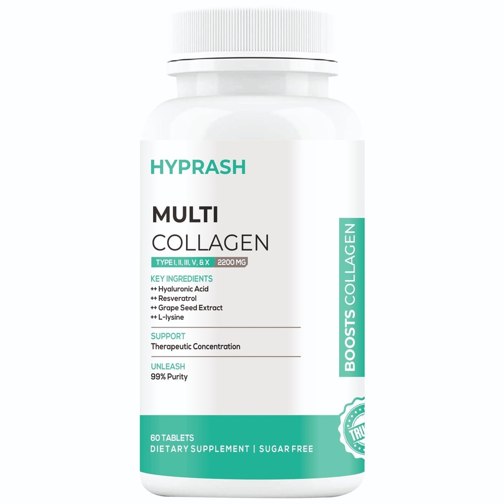 Multi Collagen Supplements for Glowing skin - Hydrolyzed Peptides (Type I, II, III, V, X) for Skin, Hair, and Joint Health 60 Tablets (Collagen)