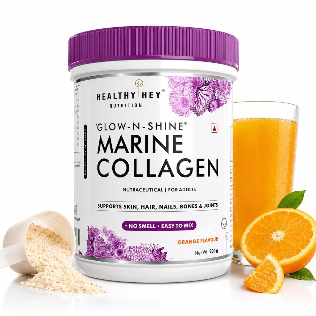 HealthyHey Glow-N-Shine Marine Collagen Peptides |Type 1 Collagen Protein Supplement with Hyaluronic Acid | Amino Acids for Skin, Hair, Nails | Paleo Friendly, Non-GMO (Orange Flavour, 200g)