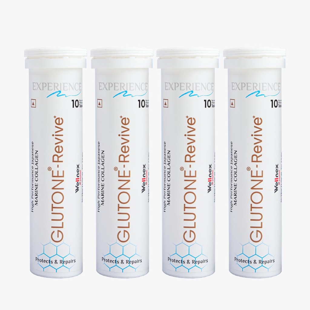 Glutone-Revive Effervescent Collagen Tablets – 2500 mg Wellnex Di-Peptide Marine Collagen|Supports Skin Hydration, Elasticity, Smooth Texture | For Men & Women | 40 Blueberry Flavour Tablets