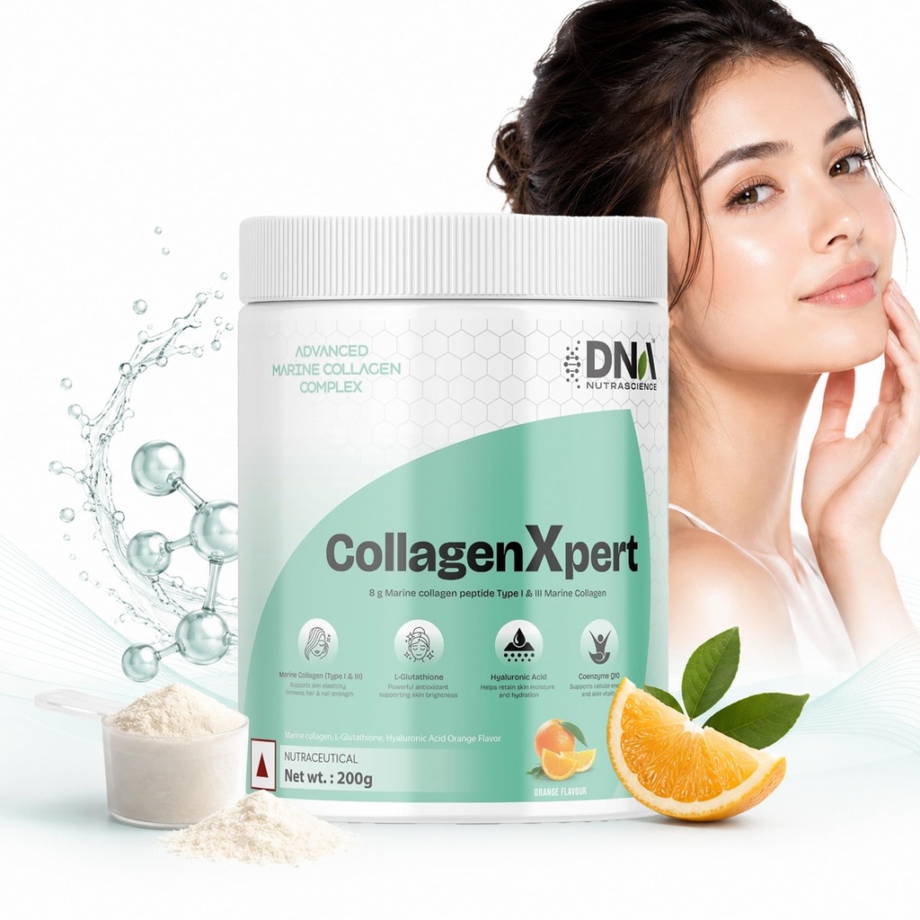 CollagenXpert Marine Collagen Powder with L-Glutathione Hyaluronic Acid CoQ10 Vitamins C B3 Orange 200 g 20 Servings Skin Hair Nail Beauty Anti Aging Hydration Glow Support Supplement Drink