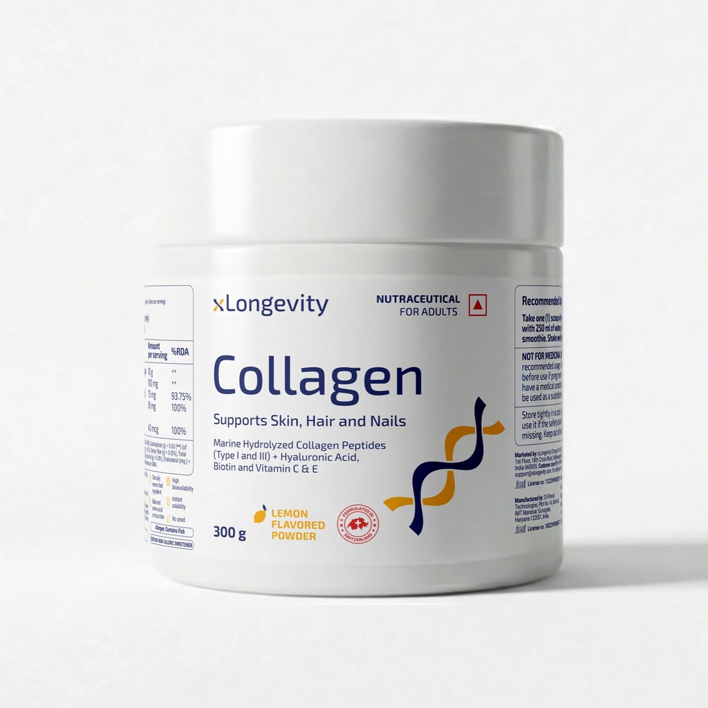 Marine Collagen Powder 12000 mg, Lemon Flavored 300g Supplement for Women & Men | Hydrolyzed, Peptides, Biotin, Vit C&E, Hyaluronic Acid | Skin, Hair, Nails, Joints & Bones Health