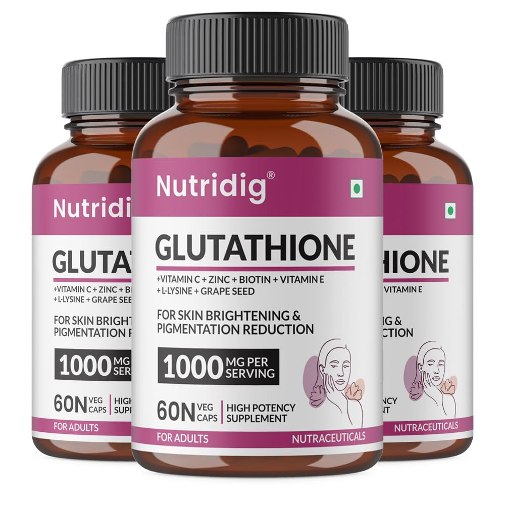 L-Glutathione 1000mg with Vitamin C, Zinc & Biotin | Antioxidant Support for Skin Health & Radiance | FSSAI APPROVED | 60 Veg Capsules - Pack of 3