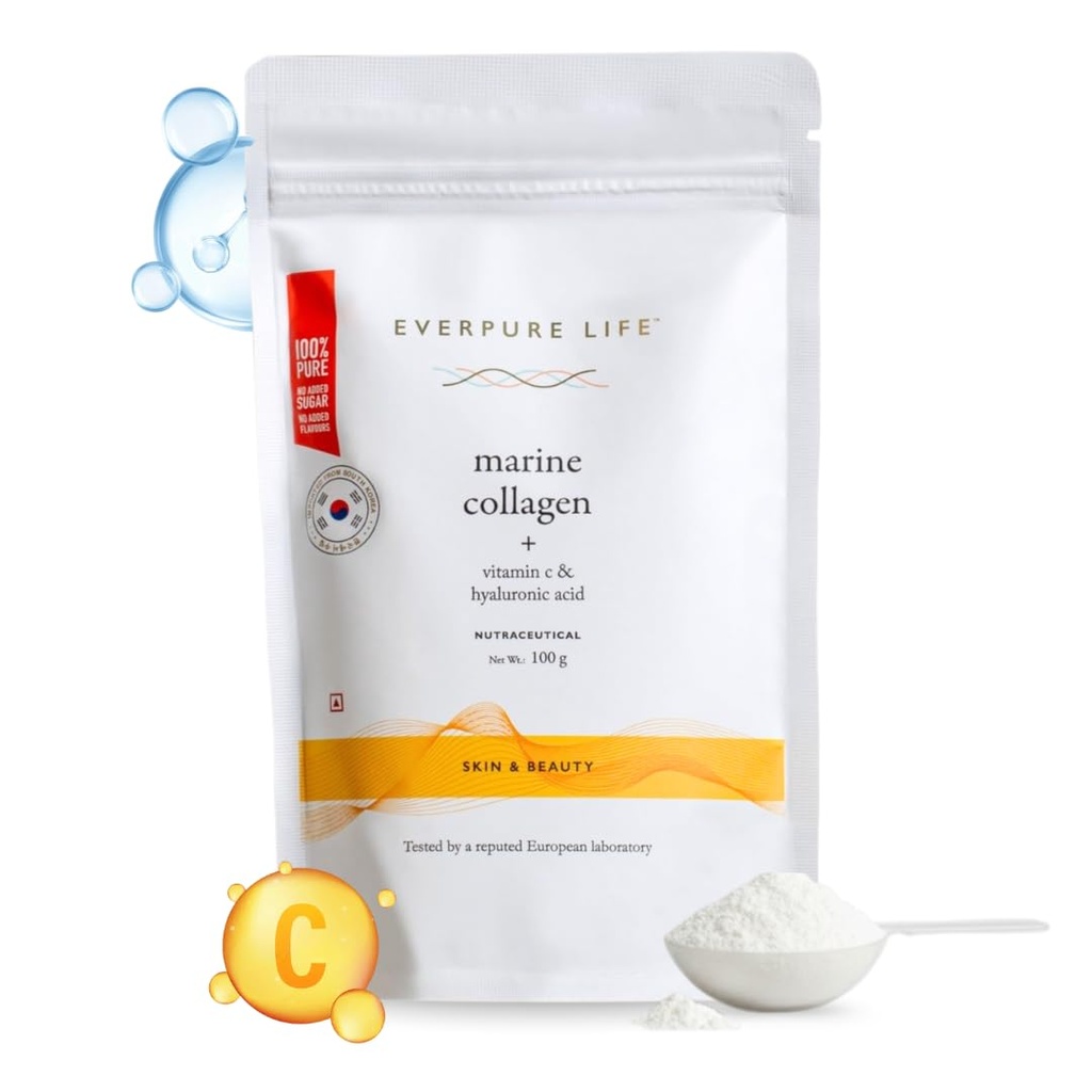 Vitamin C & Hyaluronic Acid Marine Collagen Powder (100g) | Hydrolysed Korean Supplement Peptides for Healthy, Glowing Skin | No Added Sugar & Unflavoured | For Men & Women