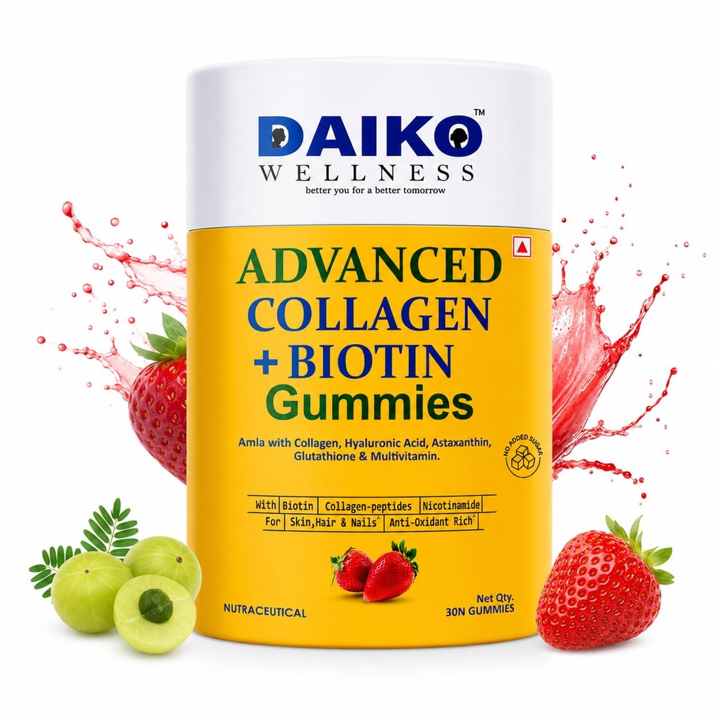 Daiko Collagen Gummies with Glutathione, Biotin & Vitamin C Brightens Skin, Reduces Hair Fall & Strengthens Hair and Nails | Sugar Free Strawberry – 30 Gummies for Men & Women